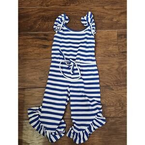 Clover Cottage Blue White Striped Romper Size 6-12 6 12 Months